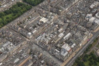 Oblique aerial view of George Street, Frederick Street, Queen Street, Castle Street, Rose Street and Princes Street, looking ENE.