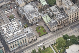 Oblique aerial view of Dundas House, Hopetoun Monument, British Linen Bank and Douglas Hotel, looking ESE.