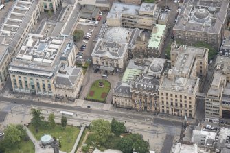 Oblique aerial view of Dundas House, Hopetoun Monument, British Linen Bank and Douglas Hotel, looking ENE.