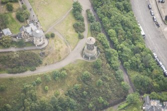 Oblique aerial view of Observatory House and Dugald's Monument, looking ESE.