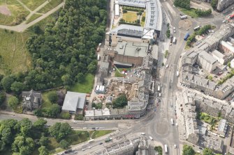 Oblique aerial view of Blenheim Place, Baxter's Place, Greenside Parish Church and Church Officer's Cottage, looking SW.