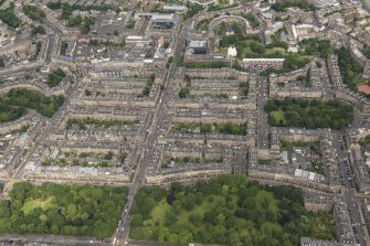 Oblique aerial view of the northern New Town, Northumberland Street and Abercromby Place, looking NNW.