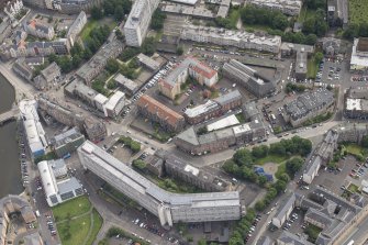 Oblique aerial view of the Black Vaults Warehouse and Cable Wynd House, looking ESE.