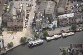 Oblique aerial view of Leith Signal Tower and Leith Sailors' Home, looking E.