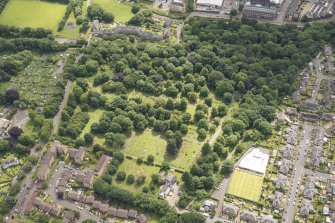 Oblique aerial view of Warriston Cemetery Extension, looking SSE.