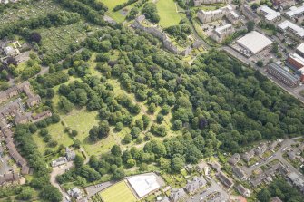 Oblique aerial view of Warriston Cemetery Extension, looking SE.