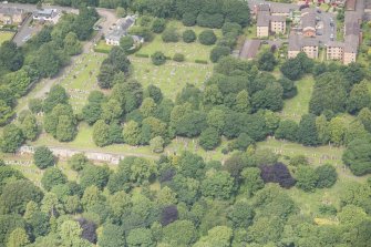 Oblique aerial view of Warriston Cemetery Extension, looking NW.