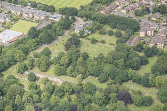 Oblique aerial view of Warriston Cemetery Extension, looking WNW.
