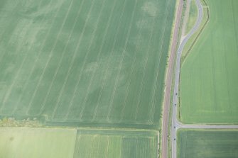 Oblique aerial view of the cropmarks of the enclosures, looking ENE.