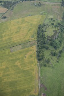 Oblique aerial view of the fort, and the cropmarks of the pit-defined boundary system and enclosure, looking WSW.