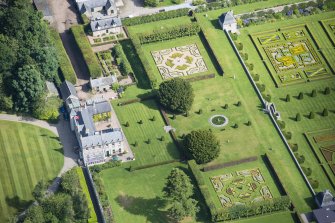 Oblique aerial view of Pitmedden House, looking NNE.