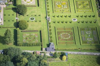 Oblique aerial view of Pitmedden House Walled Garden, looking N.