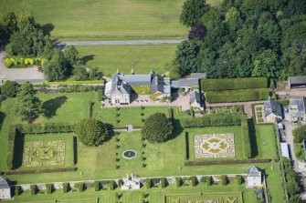 Oblique aerial view of Pitmedden House, looking W.