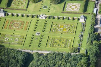 Oblique aerial view of Pitmedden House Walled Garden, looking WSW.