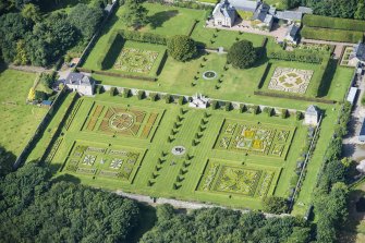Oblique aerial view of Pitmedden House Walled Garden, looking SW.