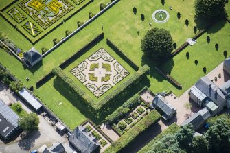 Oblique aerial view of Pitmedden House Walled Garden, looking ESE.