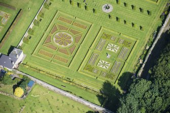 Oblique aerial view of Pitmedden House Walled Garden, looking NNW.