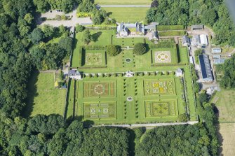 Oblique aerial view of Pitmedden House and walled garden, looking W.