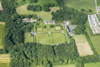 Oblique aerial view of Pitmedden House, looking W.