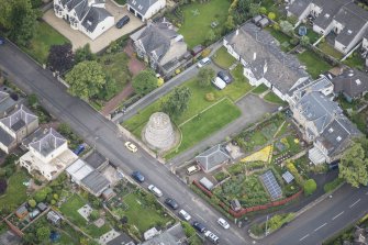 Oblique aerial view of the Corstorphine Dovecot, looking WNW.