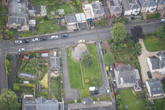 Oblique aerial view of the Corstorphine Dovecot, looking SSE.
