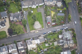 Oblique aerial view of the Corstorphine Dovecot, looking NNW.
