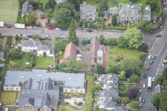 Oblique aerial view of St Cuthbert's Episcopal Church and 1-7 Colinton Rustic Cottages, looking WSW.