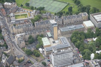 Oblique aerial view of 17-19 Buccleuch Place, William Robertson Building and David Hume Tower, looking SSE.