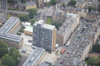 Oblique aerial view of Buccleuch Place and David Hume Tower, looking NE.