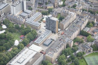 Oblique aerial view of Buccleuch Place and David Hume Tower, looking NNE.