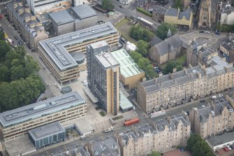 Oblique aerial view of Buccleuch Place and David Hume Tower, looking N.