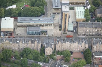 Oblique aerial view of Buccleuch Place and David Hume Tower, looking NNW.