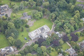 Oblique aerial view of the Astley Ainslie Hospital and School Annexe Building, looking SSW.