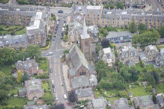 Oblique aerial view of Morningside South United Free Church, looking W.