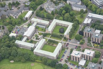 Oblique aerial view of Pollock Halls of Residence Gymnasium, Holland House and Fraser House, looking WSW.