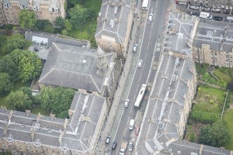 Oblique aerial view of The Queen's Hall, looking NNW.