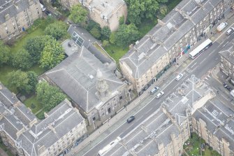 Oblique aerial view of The Queen's Hall, looking NW.