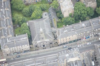 Oblique aerial view of The Queen's Hall, looking W.