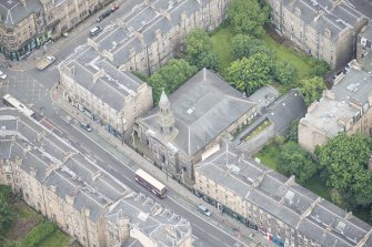 Oblique aerial view of The Queen's Hall, looking SW.