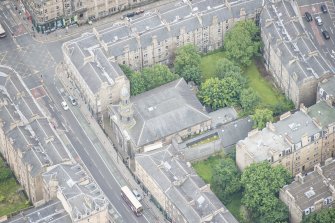 Oblique aerial view of The Queen's Hall, looking S.