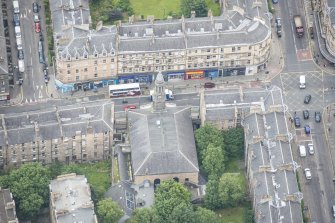 Oblique aerial view of The Queen's Hall, looking ENE.