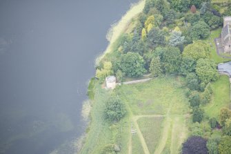 Oblique aerial view of Duddingston Manse Curling House, looking WSW.