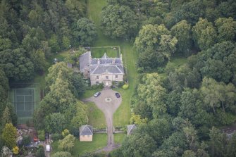 Oblique aerial view of Morton House, Garage and Walled Courtyard, looking ESE.