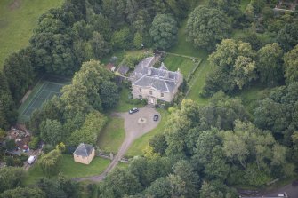 Oblique aerial view of Morton House, Garage and Walled Courtyard, looking E.