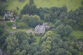 Oblique aerial view of Morton House, Garage and Walled Courtyard, looking N.