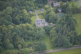 Oblique aerial view of Morton House, Garage and Walled Courtyard, looking WNW.