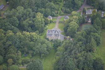 Oblique aerial view of Morton House, Garage and Walled Courtyard, looking W.