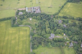 Oblique aerial view of Morton House, Garage and Walled Courtyard, looking S.