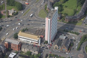 Oblique aerial view of Anniesland Court, looking W.