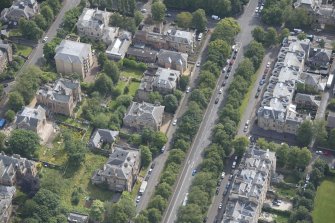 Oblique aerial view of Carlston Club, Carlston Club garage and 10 Cleveden Gardens, looking ESE.